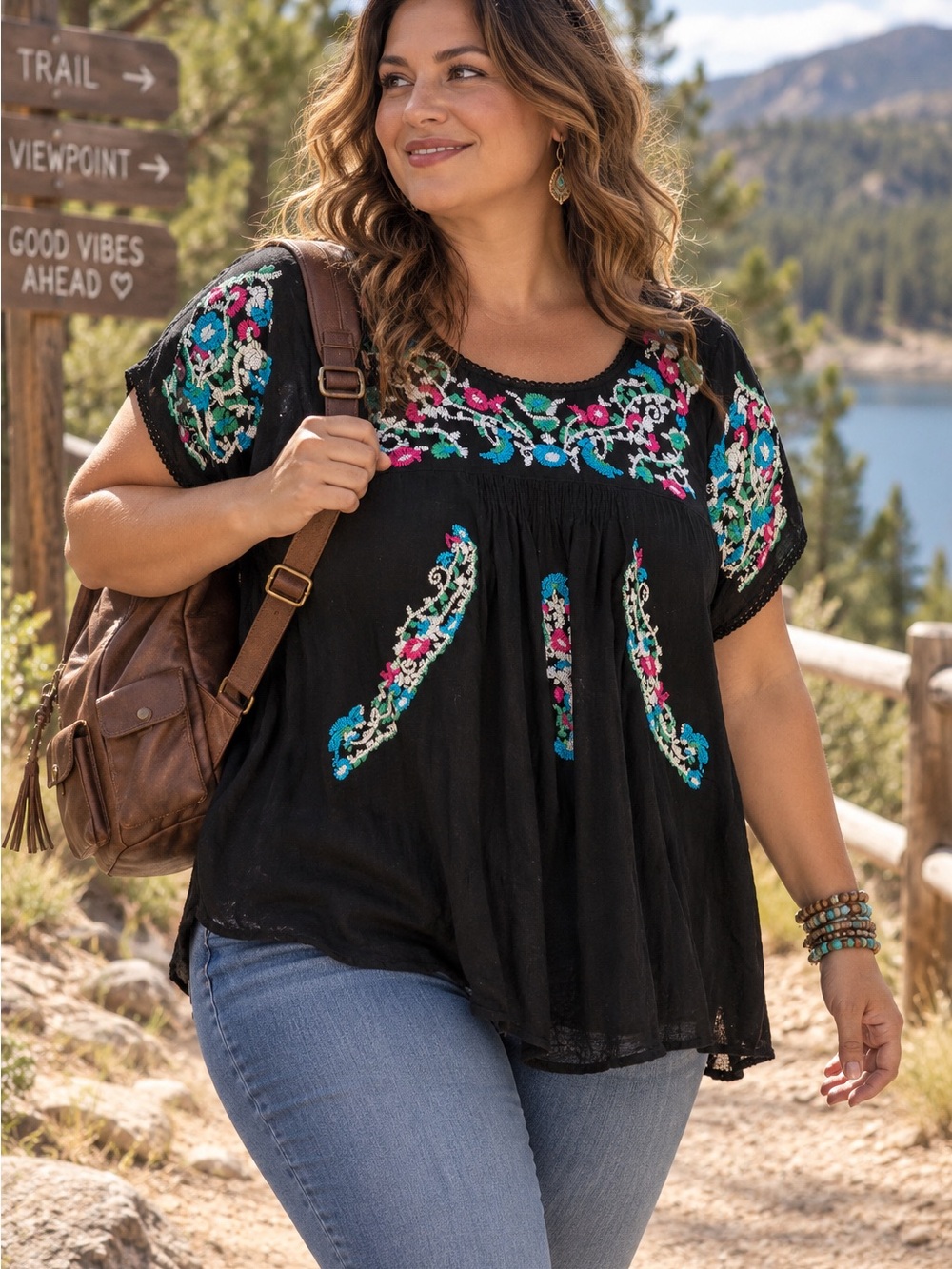 entro Black Embroidered Short-Sleeve Peasant Tunic boho